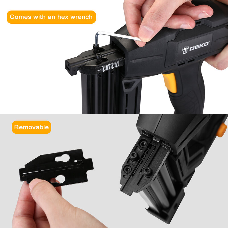 Электрический степлер DEKO DKET02, штапельный пистолет для мебели со скобами и деревообрабатывающим инструментом