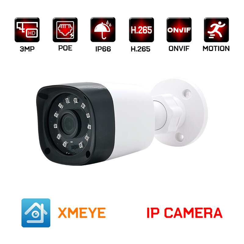 1080P 3MP h.265 POE IP 카메라 야외 적외선 야간 총알 cctv 비디오 감시 보안 보호 카메라 2mp XMEYE