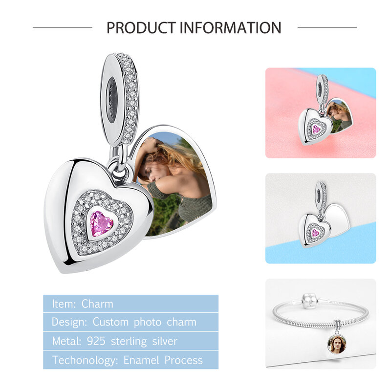 Personalizado personalizado foto coração grânulos 925 prata esterlina balançar encantos caber pulseira original feminino diy jóias presente de memória