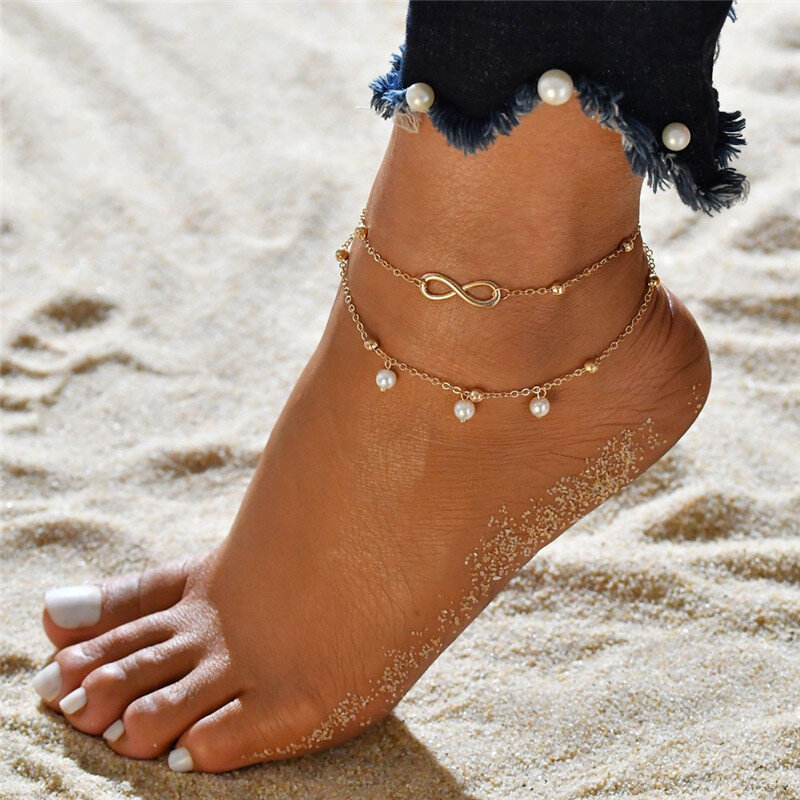 KOTiK – ensemble de bracelets de cheville multicouches ajustables pour femmes, bijoux de plage, Vintage, couleur or argent