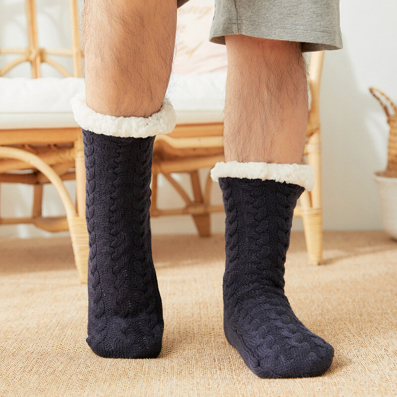 Chaussettes en coton tricotées en peluche épaisse pour hommes, antidérapantes, chaudes, mi-mollet, pantoufles de neige, automne et hiver