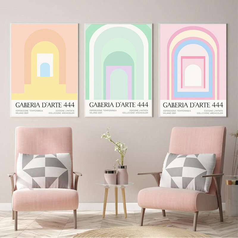 Estetyka kolorowe geometryczne drzwi w kształcie łuku obraz ścienny na płótnie skandynawskie plakaty ścienne i wystrój z nadrukiem zdjęcia do salonu