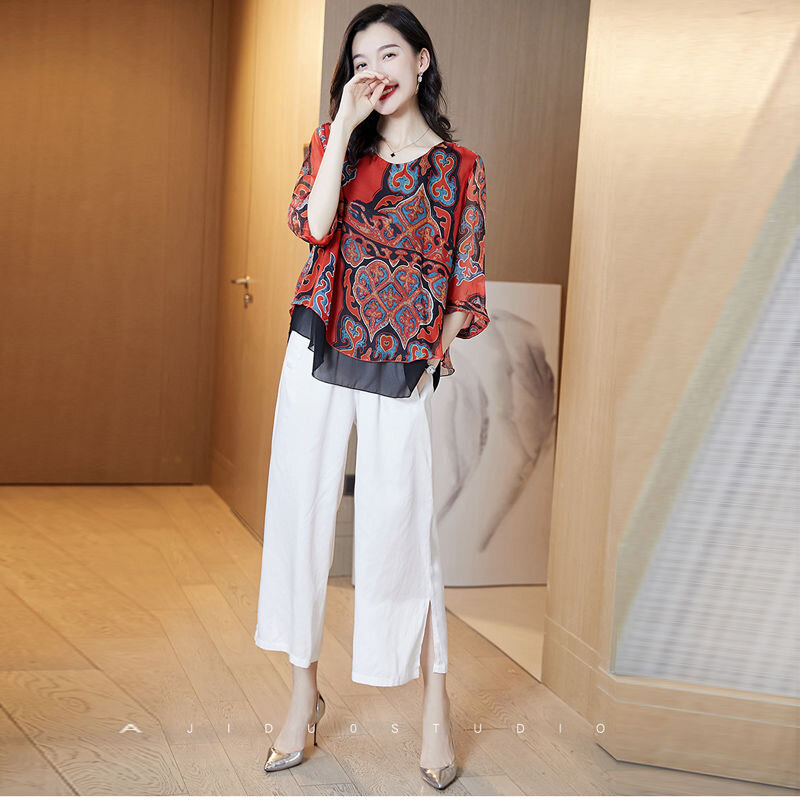 2021 Women Spring Summer Style Chiffon Blouses Shirts Lady Casual Short Flare Sleeve Striped Printed Chiffon Blusas Tops