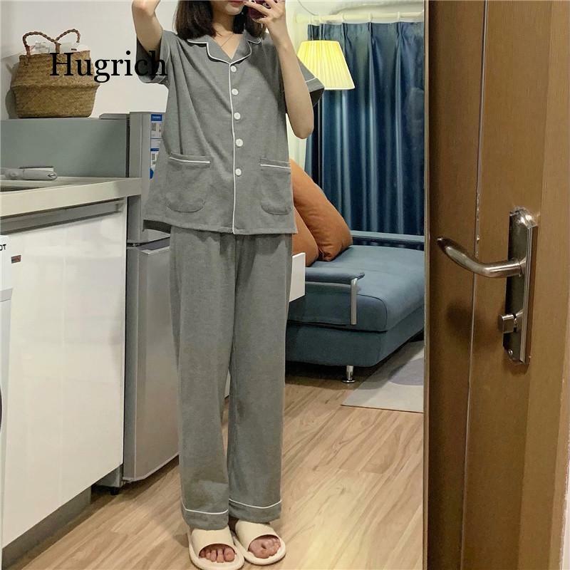 Pijama feminino de mangas curtas, pijama com lapela simples e bolso, serviço para casa, verão, 2021