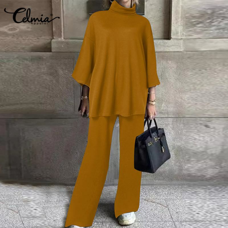 Celmia 2021 겨울 따뜻한 여성 2 조각 세트 패션 높은 칼라 3/4 슬리브 탑스와 넓은 다리 긴 바지 캐주얼 느슨한 솔리드 정장