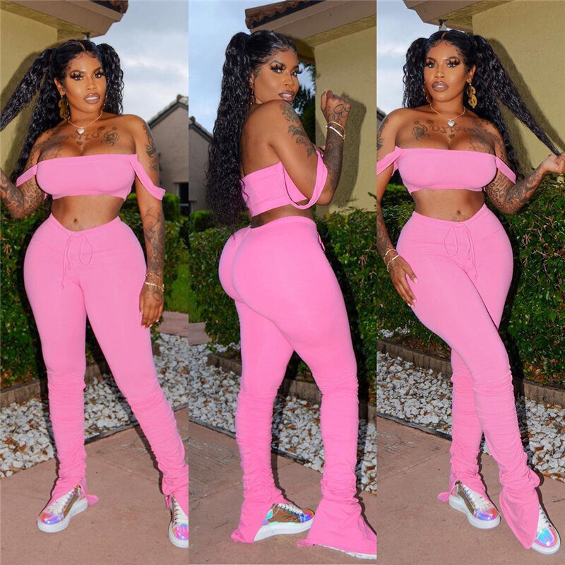 Off Shoulder Sexy Two Piece Set Women Solid Crop Top + Flare Pants Stacked Leggings Set Casual Streetwear 2pcs Outfits Tracksuit