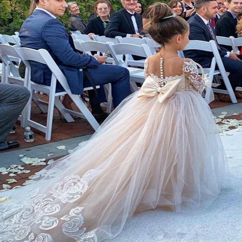 Klasyczna tiulowa kwiecista sukienka dziewczęca z kokardką koronkowe aplikacje z długim rękawem na wesele suknia na przyjęcie urodzinowe pierwsza komunia święta sukienki