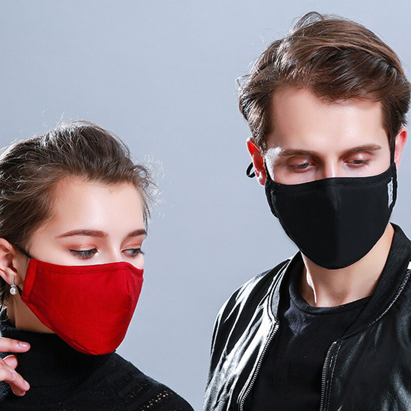 Tcare moda lavável algodão preto boca máscara facial com 2 filtro de carvão ativado à prova de vento boca-muffle para homem mulher ciclismo