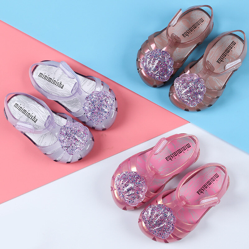 Sandália infantil de lantejoulas para meninas, sapato de verão em pvc com geleia, mini sandália melissa infantil casual para crianças, sandália de princesa para bebês, 2021