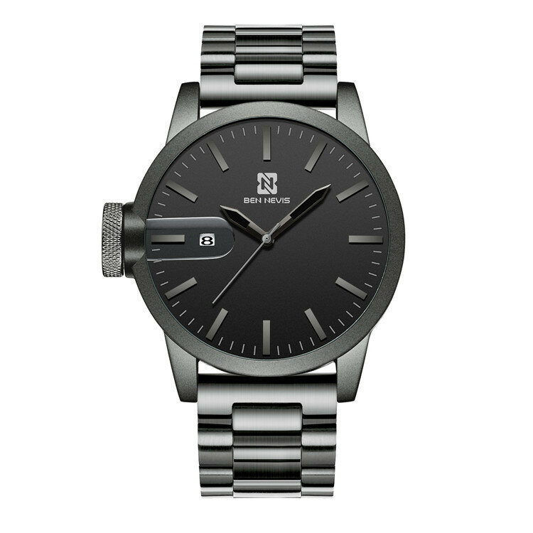 Relógio masculino com grande caixa, design exclusivo, relógio grande à esquerda, coroa, marca, display de data, função de zoom
