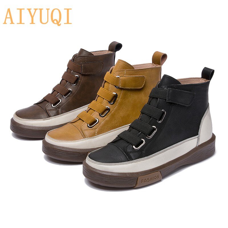 AIYUQI-zapatos planos de piel auténtica para mujer, botas con lazo frontal a juego, Color antiguo, tendencia, estudiantes, invierno, 2022
