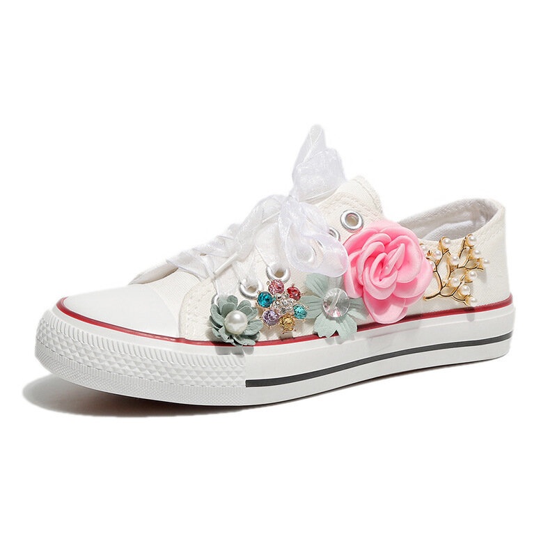 Zapatos de lona informales con flores para mujer, calzado de tacón plano con cordones, color blanco, primavera y otoño, 2021