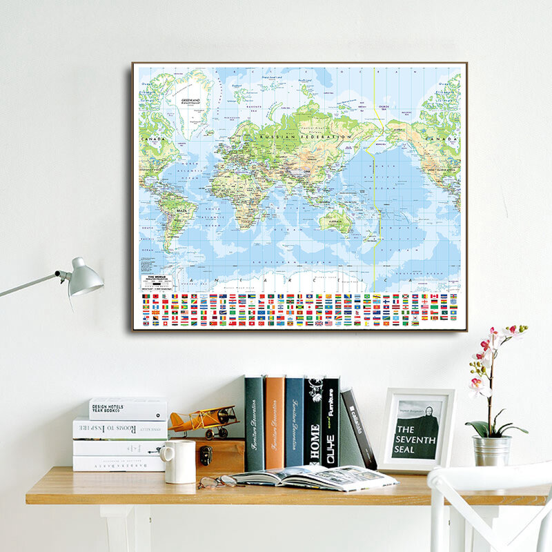90X90Cm Peta Orografis Dunia dengan Bendera Nasional Kanvas Non-woven Lukisan Dinding Poster Seni Dekorasi Rumah Perlengkapan Belajar
