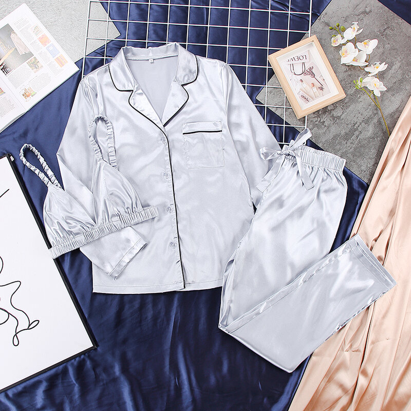 HiLoc-Conjunto de pijama de satén liso con sujetador para mujer, traje de Casa Sexy, ropa de dormir a la moda de manga larga, primavera 2021