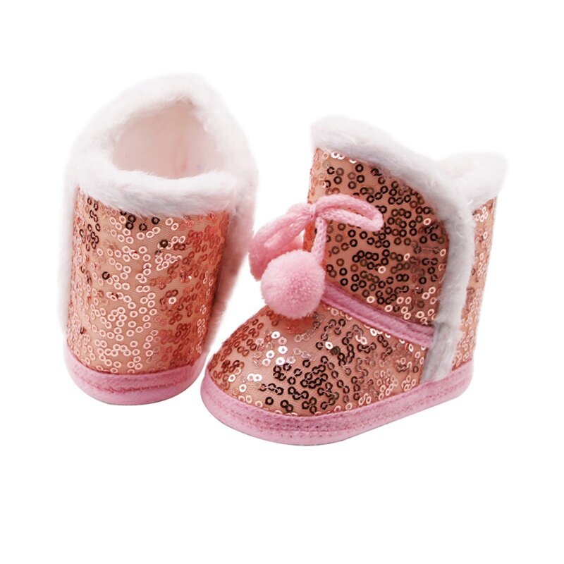 Bola de neve com lantejoulas para bebês, calçado infantil de algodão com bola de pelúcia antiderrapante para bebês recém-nascidos para meninos e meninas