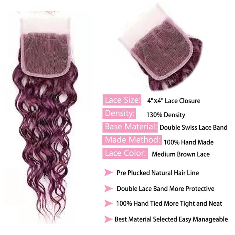 HairUGo Brasilianische 99J Wasser Welle Haar Verschlüsse 4X4 Spitze Verschluss 10 ''-22'' 100% Menschliches Haar Verschluss mit Baby Haar Remy Haar