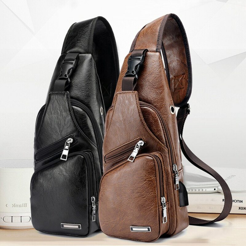 Sac de poitrine pour hommes avec chargeur USB, sac à bandoulière Diagonal en PVC PU personnalisé, sacoche de voyage, 2021