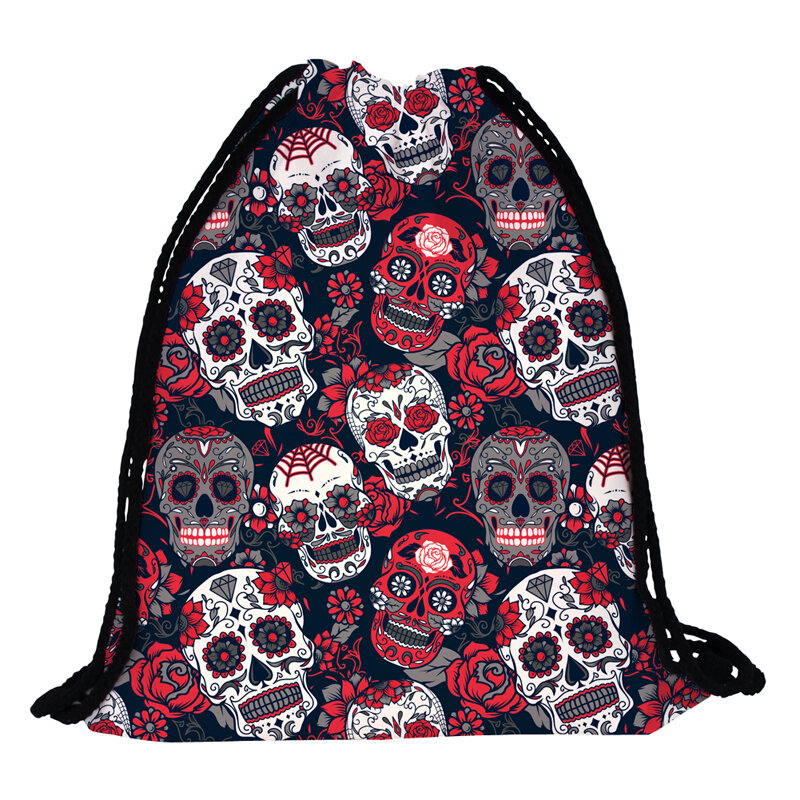 JomTokoy New Fashion  Skull Printing Drawstring Bag Women Polyester String Drawstring BackPack