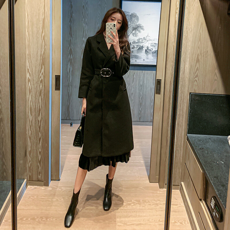 Black Woolen Coat Women's Long Autumn/Winter 2021 New Temperament Hepburn Style Thin Thick Woolen Coat