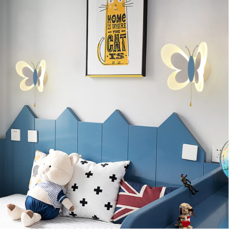 Estilo europeo moderno de dibujos animados encantadora rosa azul lámpara de pared en forma de mariposa creativo de la pared LED colgante lámpara de dormitorio de los niños kindergarte