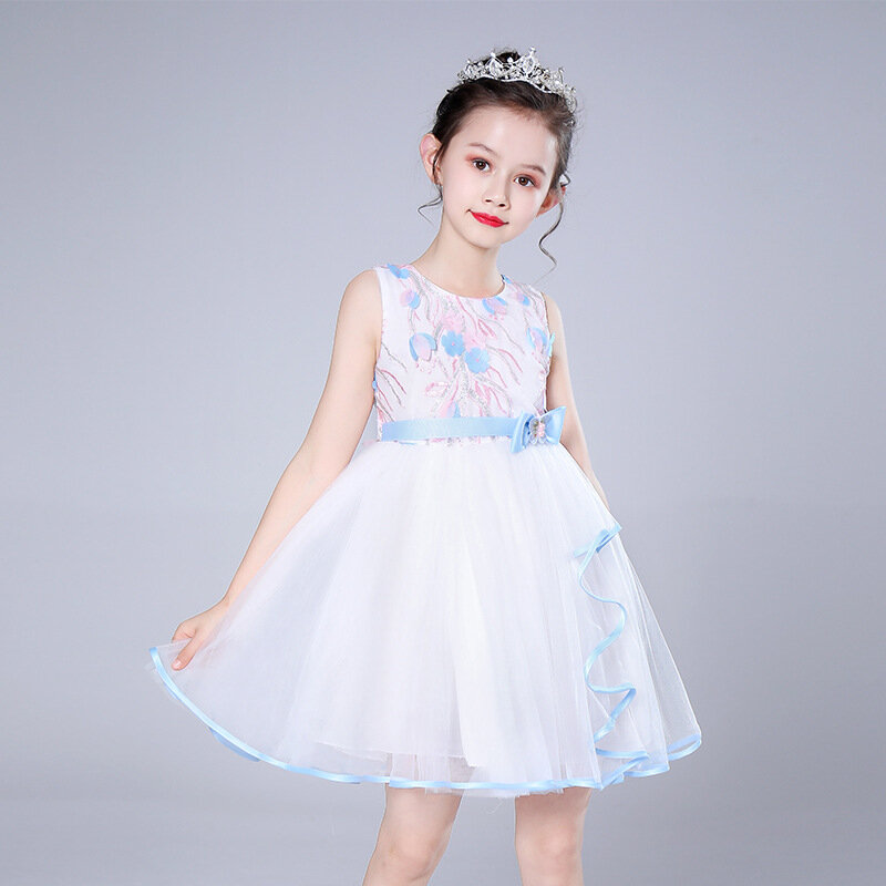 Embroidery Flower Girl Dress HT027 Knee-Length Kids Party Gowns Sleeveless Bow Girls Ball Gown Zipper Elegant Communion Dresses