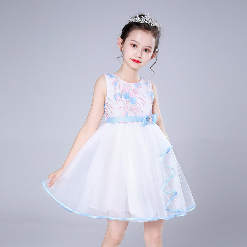 Vestido bordado de flores para niña HT027, vestidos de fiesta hasta la rodilla para niños, vestidos de baile sin mangas con lazo para niñas, vestidos de comunión elegantes con cremallera