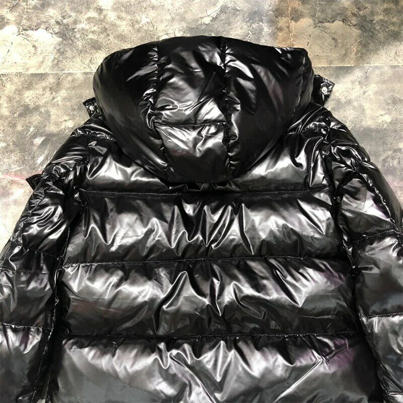 광택 후드 롱 유니섹스 다운 재킷 고품질 블랙 지퍼 업 90% 화이트 덕 다운 따뜻한 코트 남성용 캐주얼 겨울 의류
