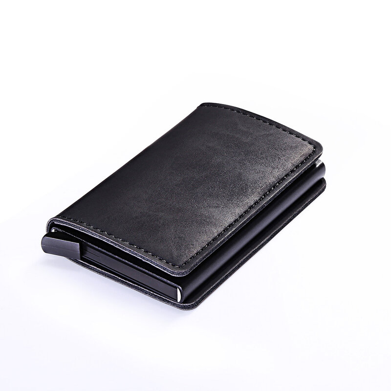 Men Automatic Credit card holder Crazy Horse Leather RFID Wallet Aluminum Mini Wallet Pocket ID Card RFID Blocking purse