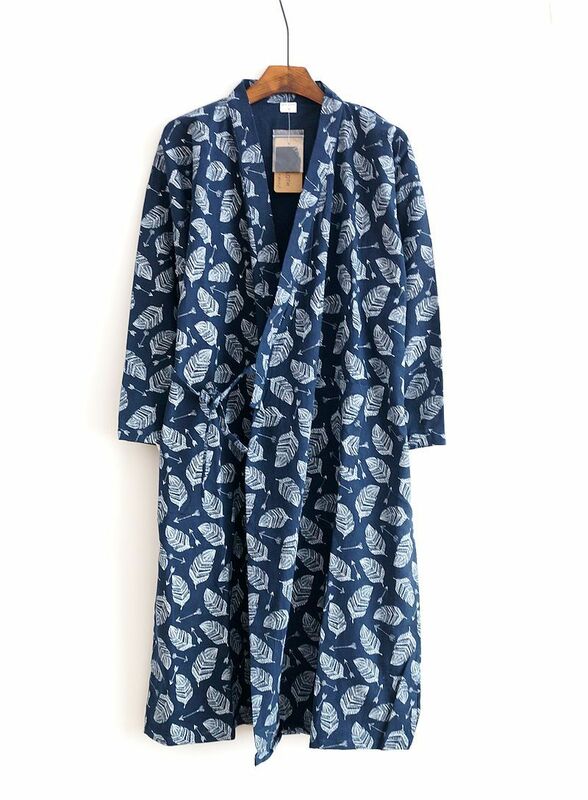 Novo algodão gaze camisola de algodão roupão fino solto yukata japonês quimono pijamas homem robe com decote em v folhas pijamas roupão