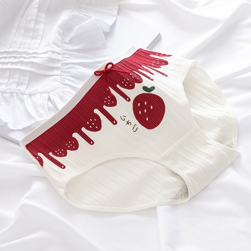 ญี่ปุ่นสไตล์ Breathable ชุดชั้นในน่ารักชุดชั้นใน Love Strawberry ชุดชั้นในสตรีผ้าฝ้ายเอวนุ่มกางเกง