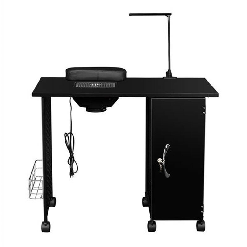 Estação de mesa de manicure com moldura de aço, equipamento de salão de beleza, gaveta com lâmpada de led preta