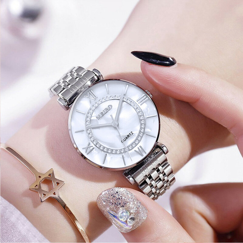 Relógio de pulso feminino moda vogue meibo, relógio de aço inoxidável casual de quartzo, novo relógio de pulso de luxo para mulheres * a