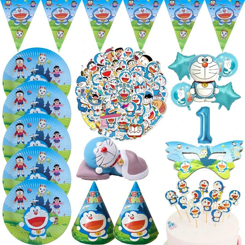 Doraemon Cumpleaños Fiesta Decoración 32pcs Doraemon Decoración de Fiesta  Globos de Doraemon Pancarta Adorno de Tarta para Favores Regalo Carnaval