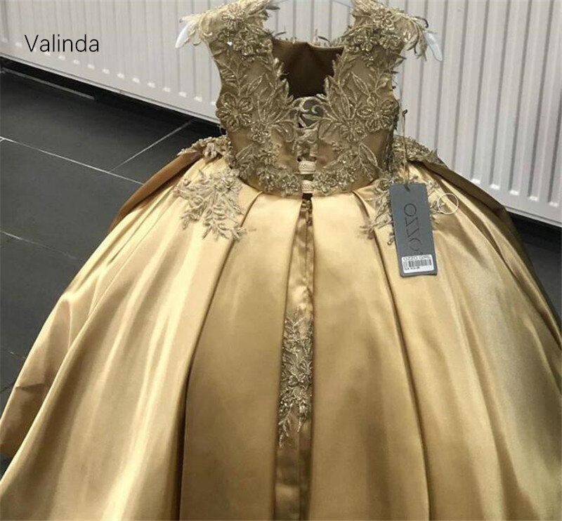 2023 Gold Ball Gown Girl Dresses para Pageant Birthday Party Kids Couture