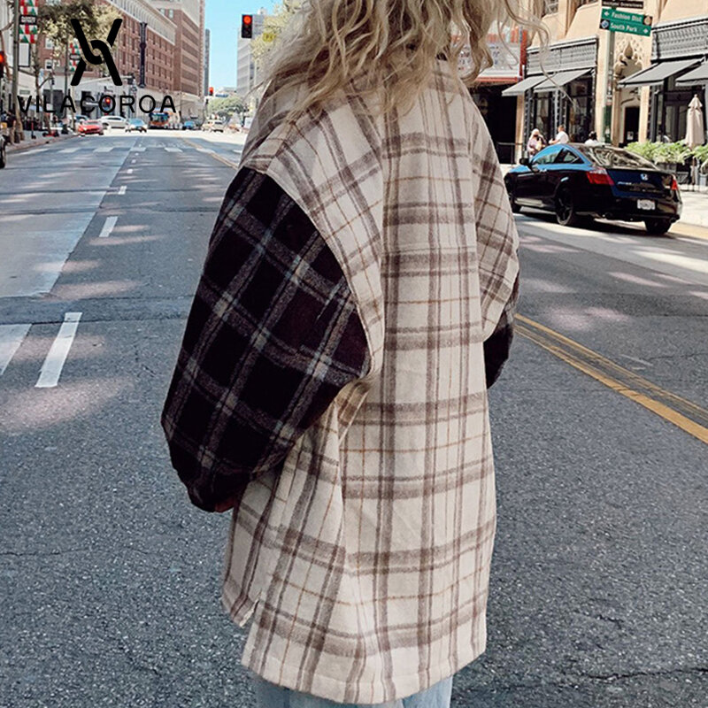 Outono inverno de manga longa blusa xadrez impressão vintage cardigan casaco feminino 2021 camisa jaqueta contraste cor solta jaqueta feminina