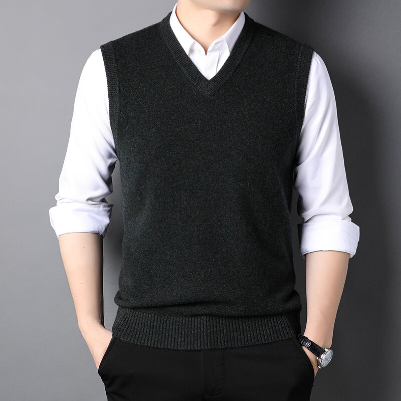 100% pure wool sweater men's autumn winter V-neck sleeveless vest casual loose Pullover knitted sweater