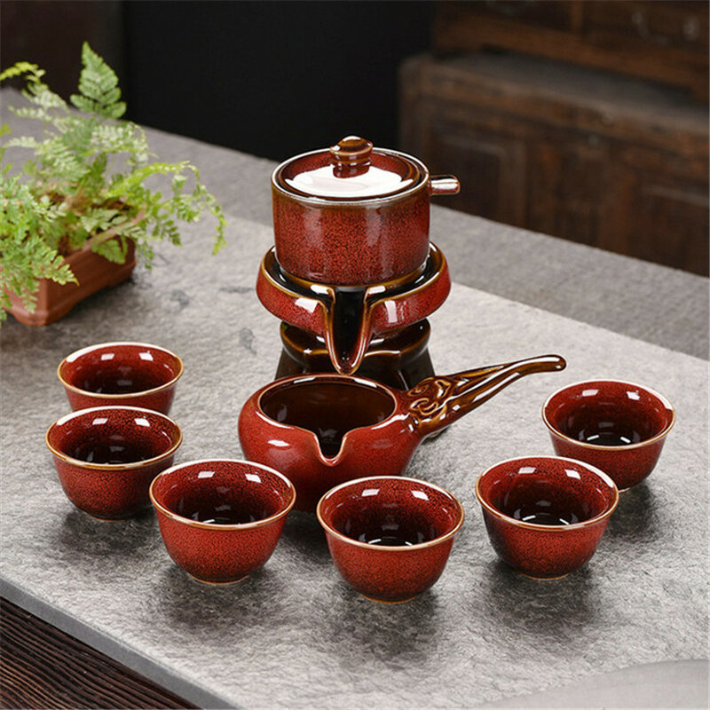 Lazy Semi-automatic Tea Set Home Office Teaware Kung Fu Teapot Teacup Ceramic Business Gift Customized Flowers Multicolor Cups