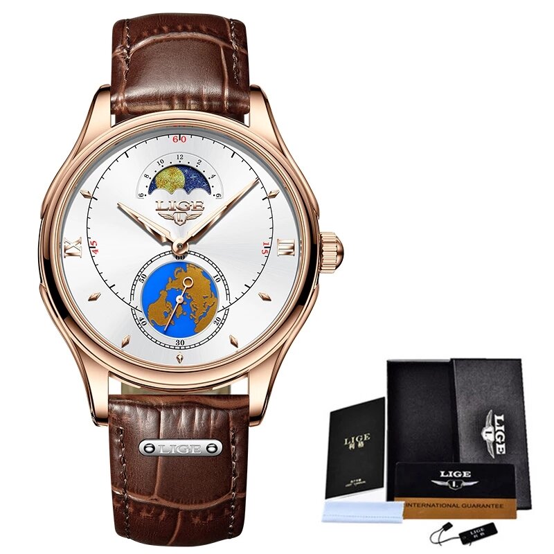 LIGE – montre de sport étanche pour hommes, bracelet en cuir, à Quartz, marque de luxe, avec boîte, 2022