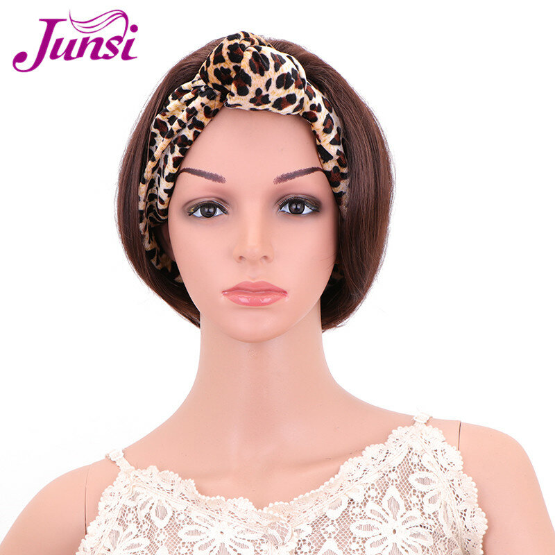 JUNSI  Headband Wig Short Bob Straight Synthetic Wigs Drawstring  Natural Brown Turban Wigs For Women