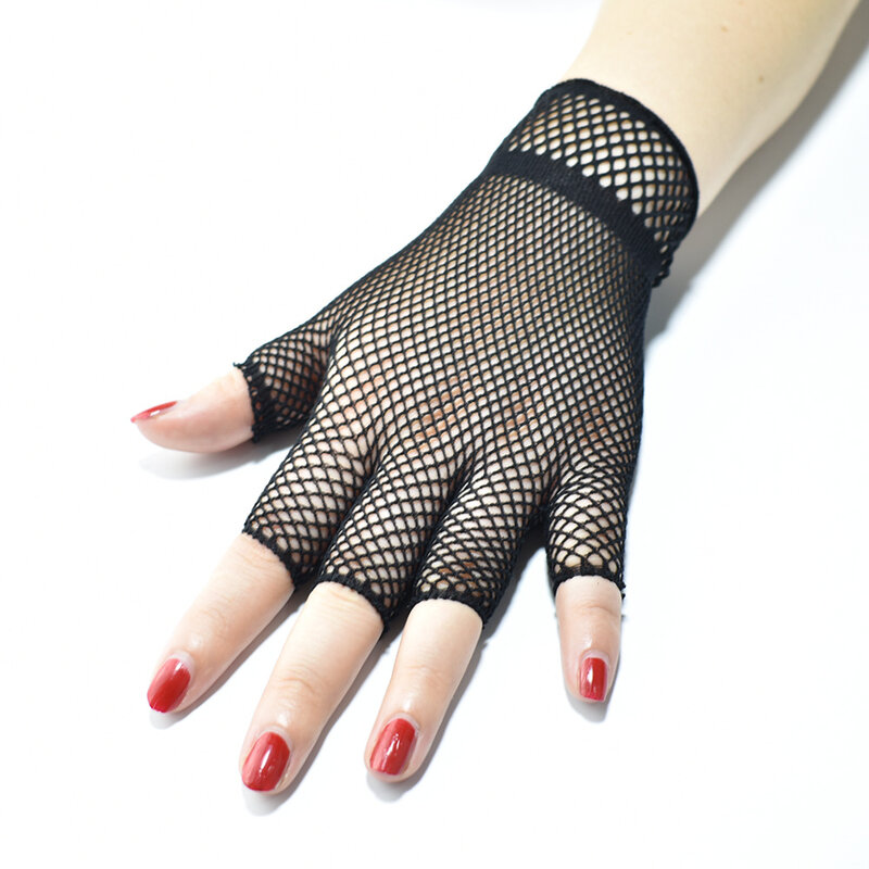 Guanti da donna Sexy in pizzo corto elasticizzato a metà dito con rete da pesca corta Y2K guanti da festa a tema Cool
