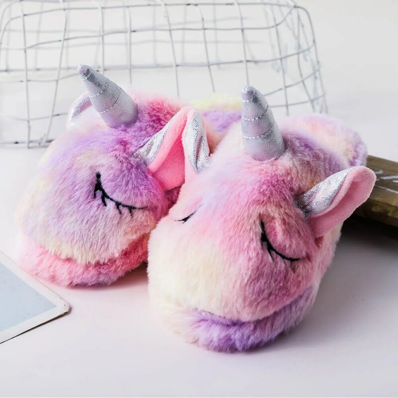 Invierno de las niñas Arco Iris unicornio zapatillas de niños de dibujos animados pijama Kigurumi Zapatos Infantiles para niñas zapatillas unicornio para chicas