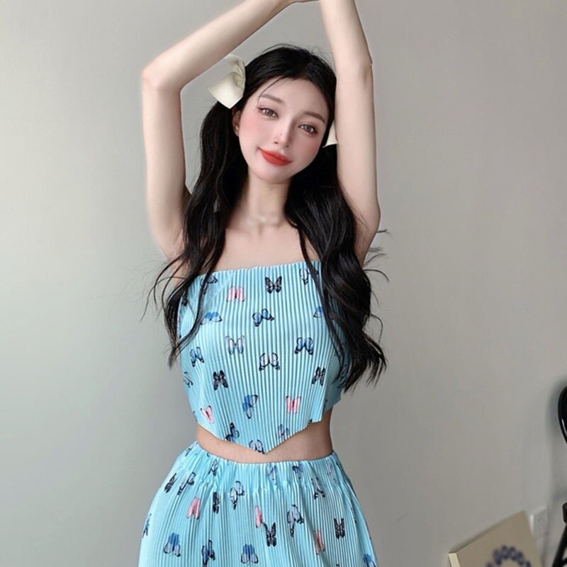EFINNY-Tops de moda coreana para mujer, Top de tubo con estampado de mariposa Irregular, ajustado, negro/azul, sin mangas