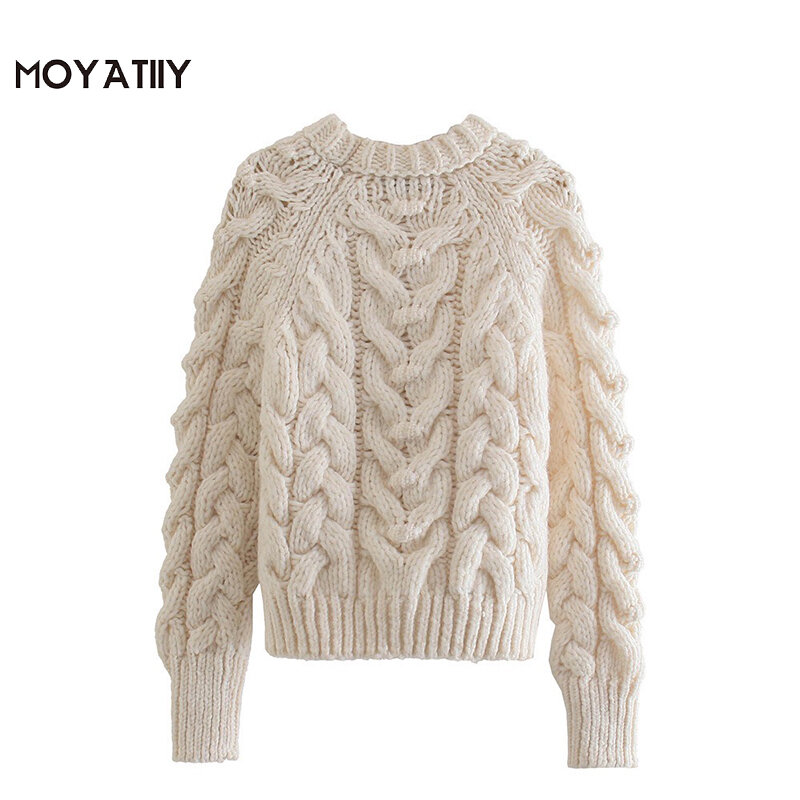 MOYATIIY donna 2022 moda Beige Twist maglione invernale maglione Vintage fatto a mano o-collo pullover Oversize manica lunga donna top
