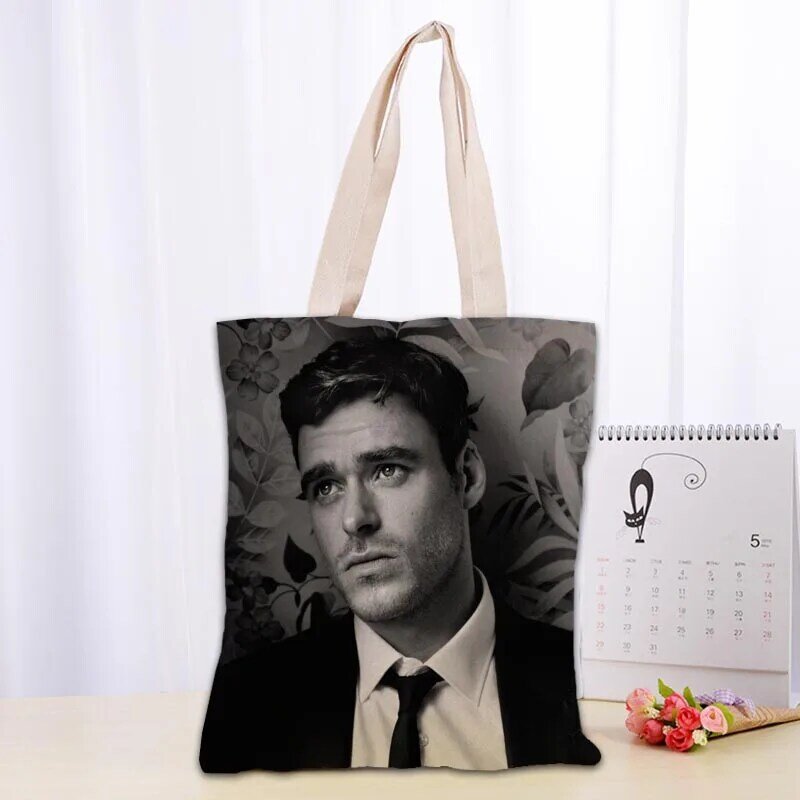 Personalizado richard madden tote bag algodão pano ombro shopper sacos para as mulheres eco dobrável reutilizável sacos de compras 1009