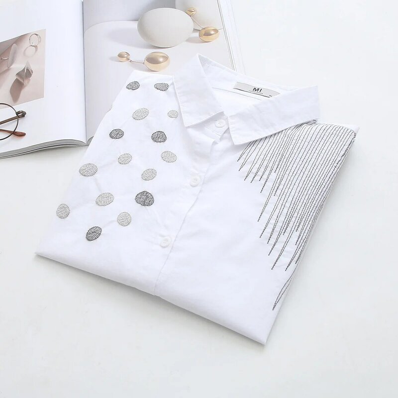 Женская хлопковая рубашка с вышивкой в горошек, белая блузка с отложным воротником и длинными рукавами, повседневные топы размером 4XL, новое...