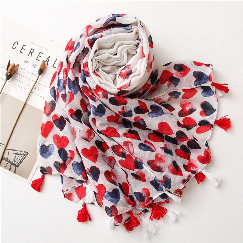 2021 Spring New Sweet Red Love Print Cotton Scarf Women Soft Sunscreen Shawl