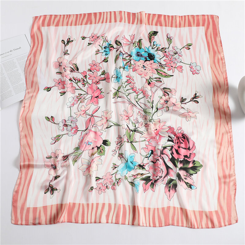 Pañuelo cuadrado de seda satinada con estampado Floral para mujer, Hijab, pañuelo para el cuello, diadema, chal, bolsa, Fular, 90x90cm