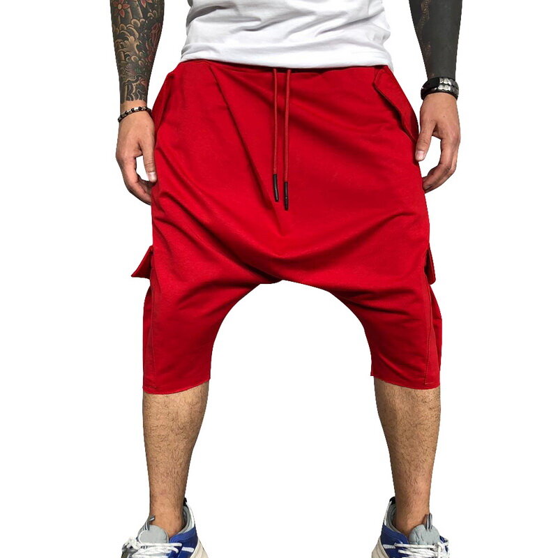夏コットンハーレムパンツ男性カジュアルヒップホップズボン巾着クロブルマふくらはぎ丈パンツジョギングストリート