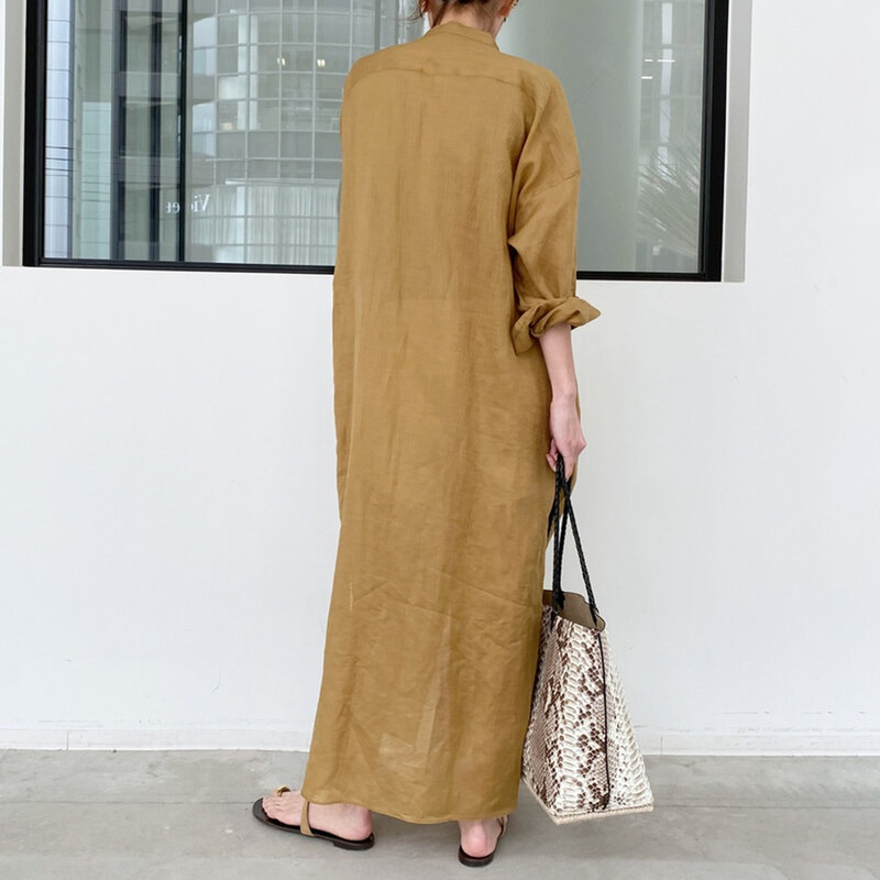 Женское однобортное платье-рубашка, приталенное однотонное платье в японском стиле с лацканами и имбирным подолом, с разрезом и длинным рук...