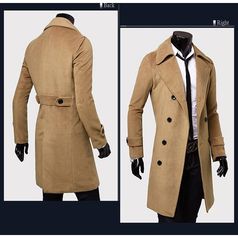 Nova roupa masculina de lã jaqueta longa casacos de lã e misturas casaco de inverno mid-long trench clássico sólido espessamento